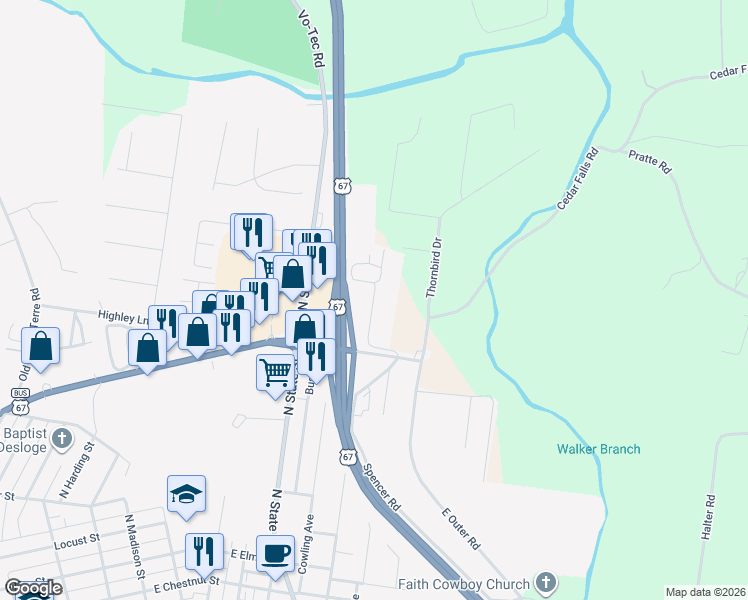 map of restaurants, bars, coffee shops, grocery stores, and more near 6419 Dunn Road in Desloge
