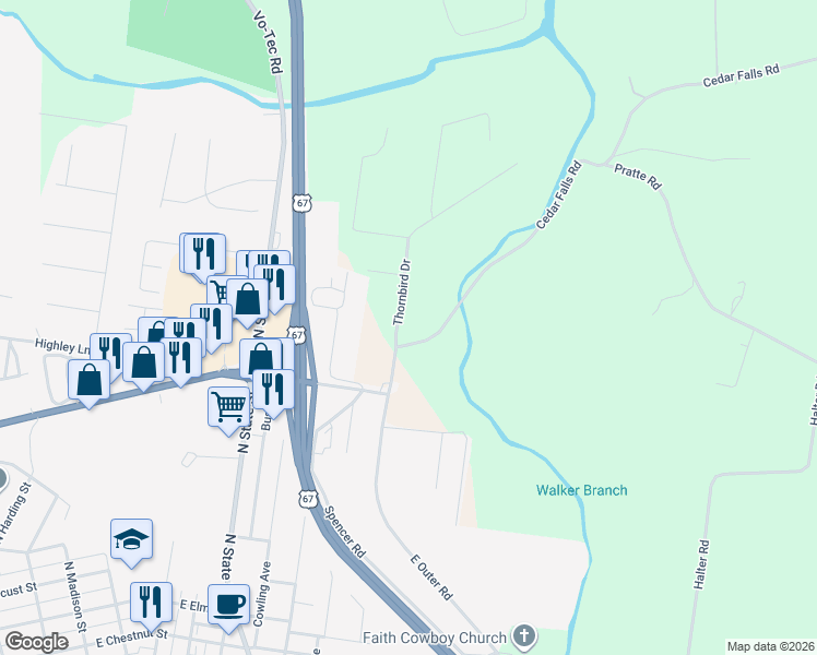 map of restaurants, bars, coffee shops, grocery stores, and more near 3031 Cedar Falls Road in Bonne Terre