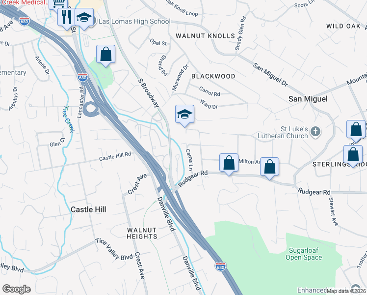 map of restaurants, bars, coffee shops, grocery stores, and more near 2057 Camel Lane in Walnut Creek