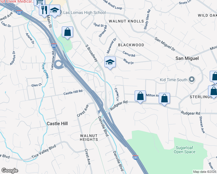 map of restaurants, bars, coffee shops, grocery stores, and more near 74 Bishop Lane in Walnut Creek