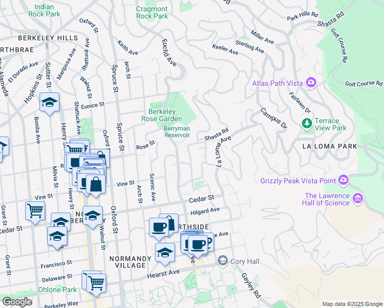 map of restaurants, bars, coffee shops, grocery stores, and more near 1439 Le Roy Avenue in Berkeley