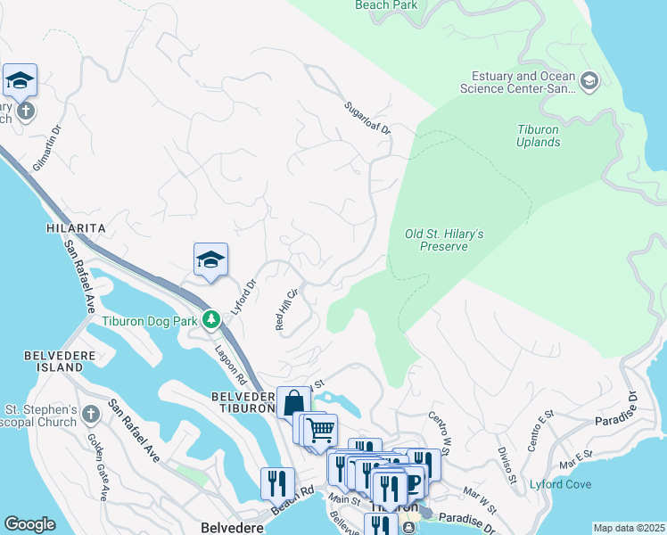 map of restaurants, bars, coffee shops, grocery stores, and more near 28 Marinero Circle in Tiburon