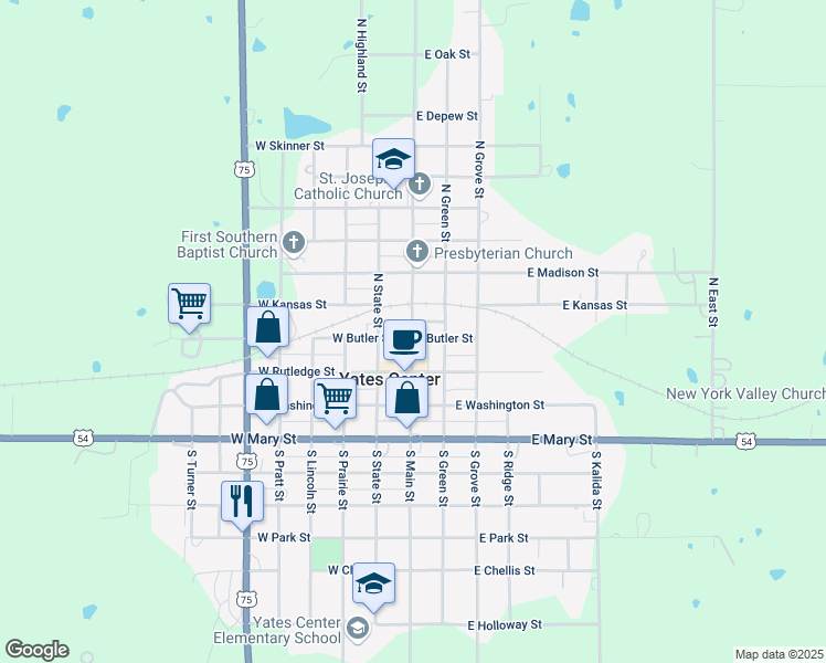 map of restaurants, bars, coffee shops, grocery stores, and more near 218 North Main Street in Yates Center