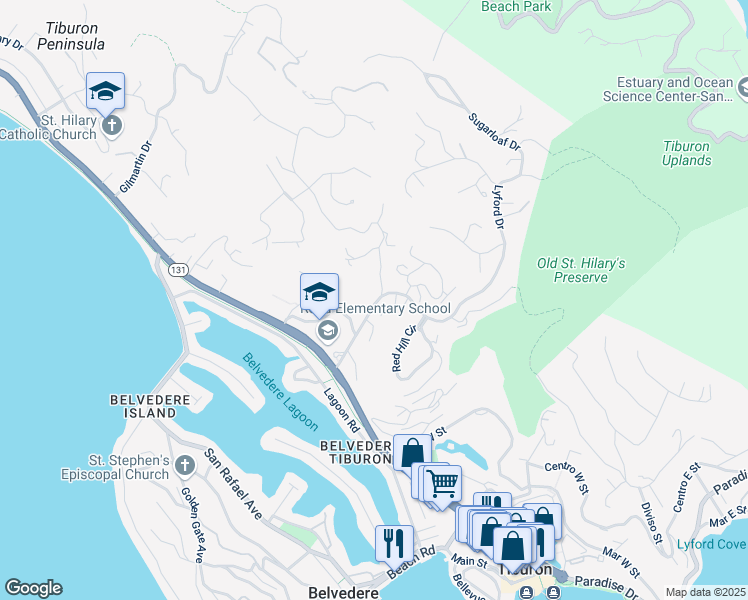 map of restaurants, bars, coffee shops, grocery stores, and more near 37 Lyford Drive in Tiburon