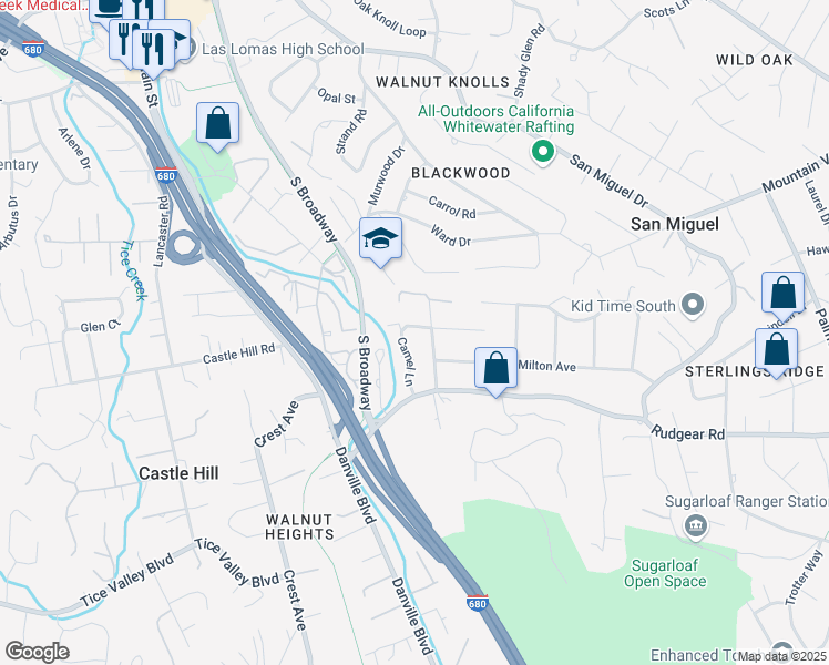 map of restaurants, bars, coffee shops, grocery stores, and more near 2060 Camel Lane in Walnut Creek