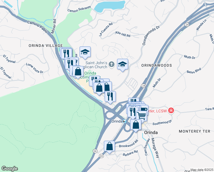 map of restaurants, bars, coffee shops, grocery stores, and more near Santa Maria Way in Orinda