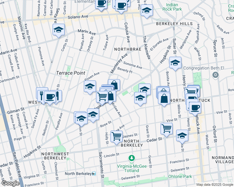 map of restaurants, bars, coffee shops, grocery stores, and more near 1299 Carlotta Avenue in Berkeley