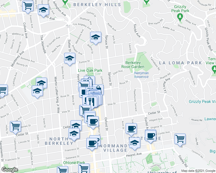 map of restaurants, bars, coffee shops, grocery stores, and more near 2215 Rose Street in Berkeley