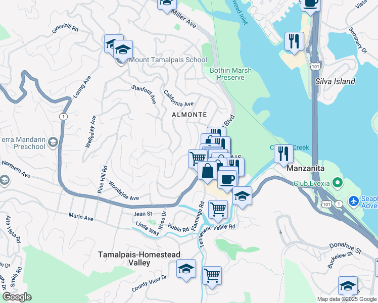 map of restaurants, bars, coffee shops, grocery stores, and more near 265 Greene Street in Mill Valley