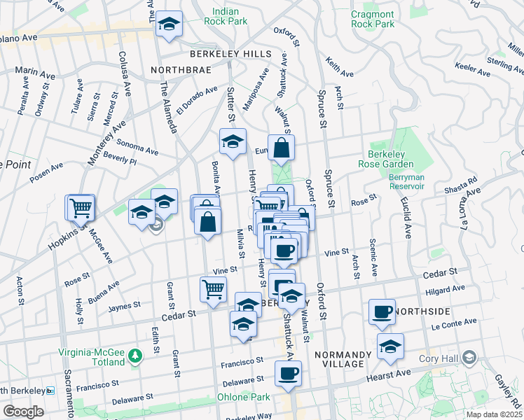 map of restaurants, bars, coffee shops, grocery stores, and more near 1325 Henry Street in Berkeley