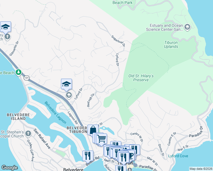 map of restaurants, bars, coffee shops, grocery stores, and more near 28 Marinero Circle in Tiburon