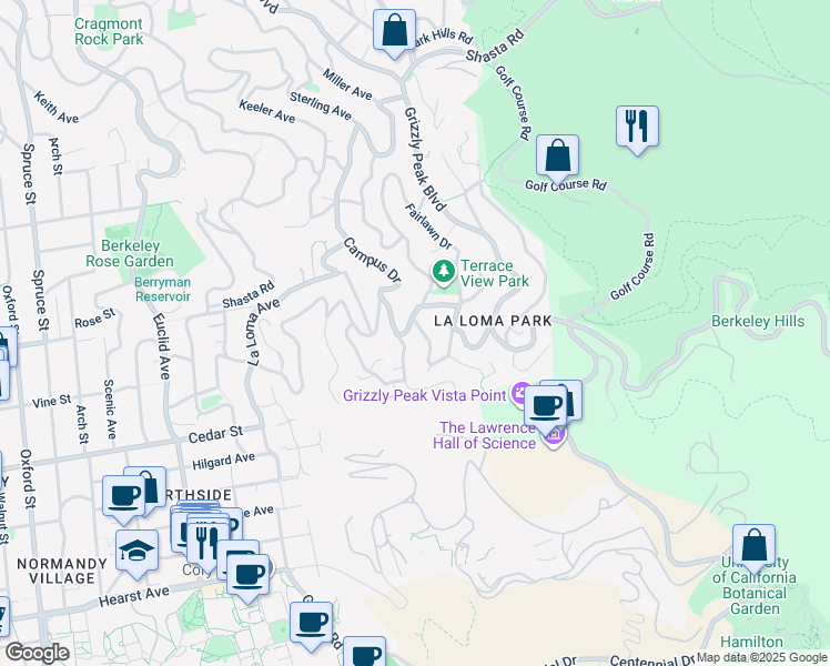 map of restaurants, bars, coffee shops, grocery stores, and more near 1460 Olympus Avenue in Berkeley