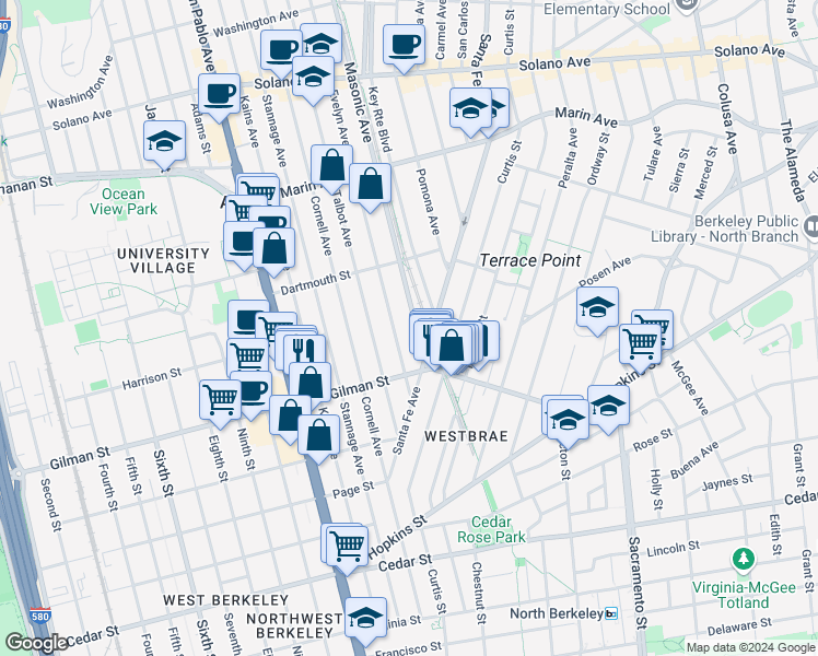 map of restaurants, bars, coffee shops, grocery stores, and more near 1212 Evelyn Avenue in Berkeley