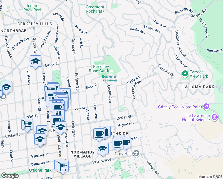 map of restaurants, bars, coffee shops, grocery stores, and more near 1407 Euclid Avenue in Berkeley