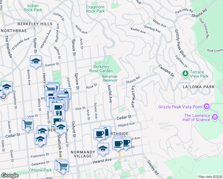 map of restaurants, bars, coffee shops, grocery stores, and more near 1407 Euclid Avenue in Berkeley