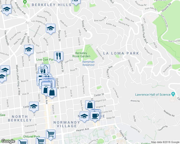 map of restaurants, bars, coffee shops, grocery stores, and more near 1407 Euclid Avenue in Berkeley