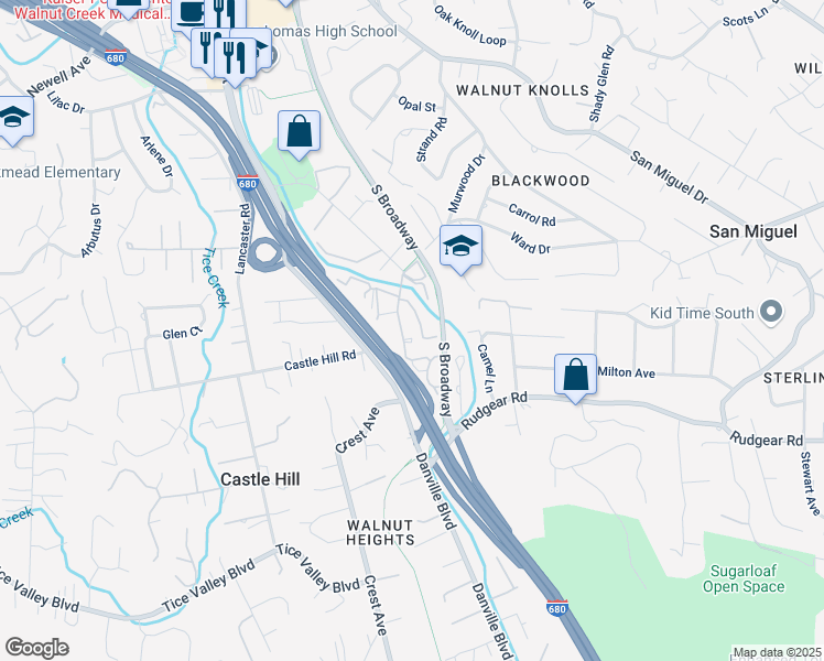 map of restaurants, bars, coffee shops, grocery stores, and more near 1336 Creekside Drive in Walnut Creek