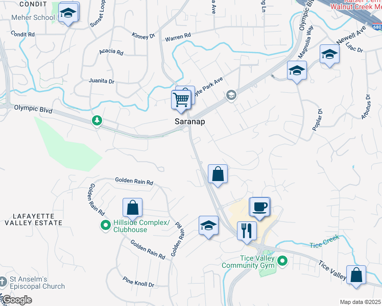 map of restaurants, bars, coffee shops, grocery stores, and more near 1695 Tice Valley Boulevard in Walnut Creek