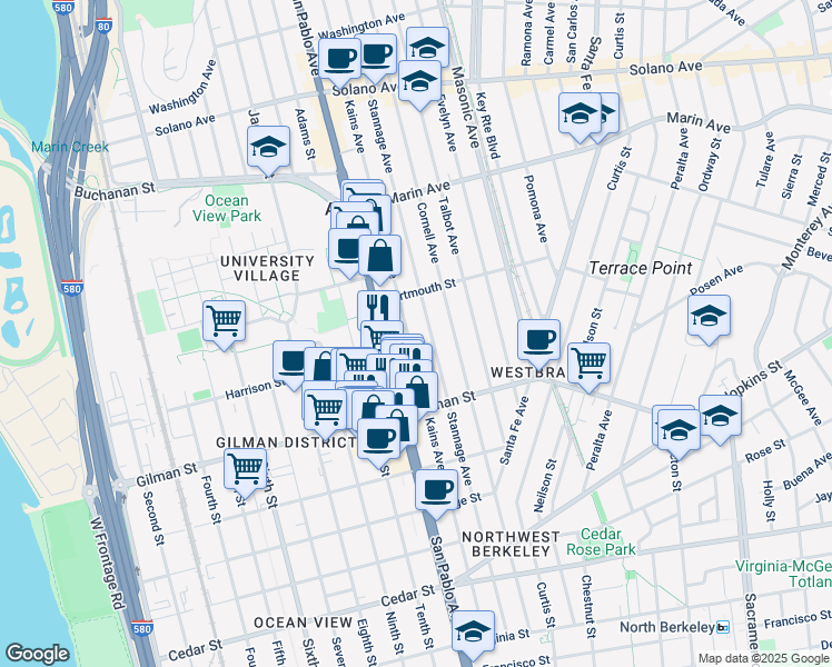 map of restaurants, bars, coffee shops, grocery stores, and more near 1116 Harrison Street in Berkeley