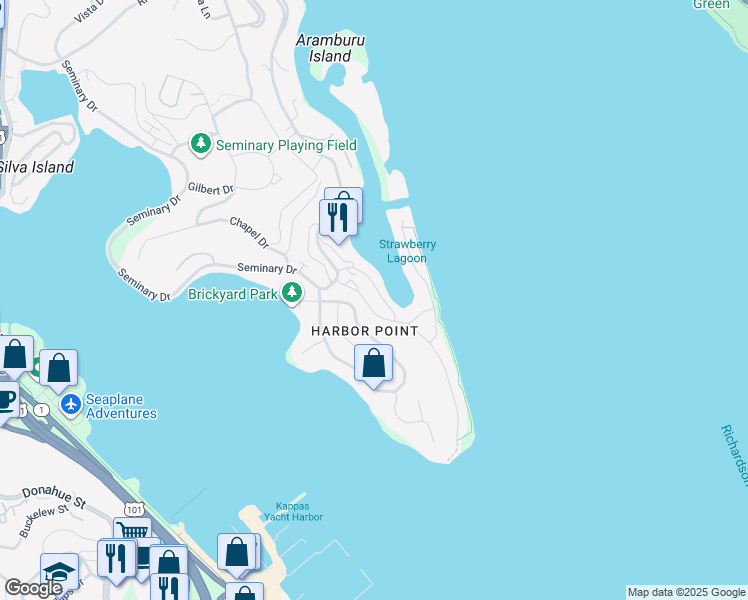 map of restaurants, bars, coffee shops, grocery stores, and more near 172 Great Circle Drive in Mill Valley