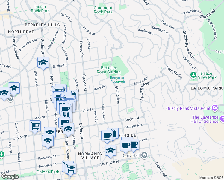map of restaurants, bars, coffee shops, grocery stores, and more near 1406 Hawthorne Terrace in Berkeley