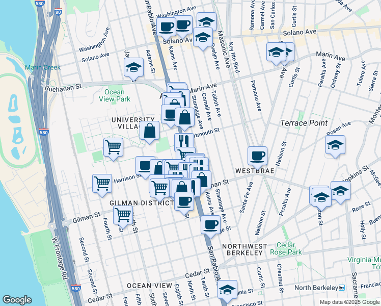 map of restaurants, bars, coffee shops, grocery stores, and more near in Berkeley