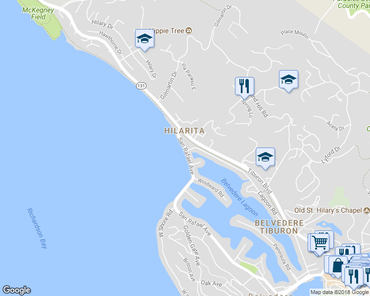 map of restaurants, bars, coffee shops, grocery stores, and more near 20 San Rafael Avenue in Belvedere Tiburon