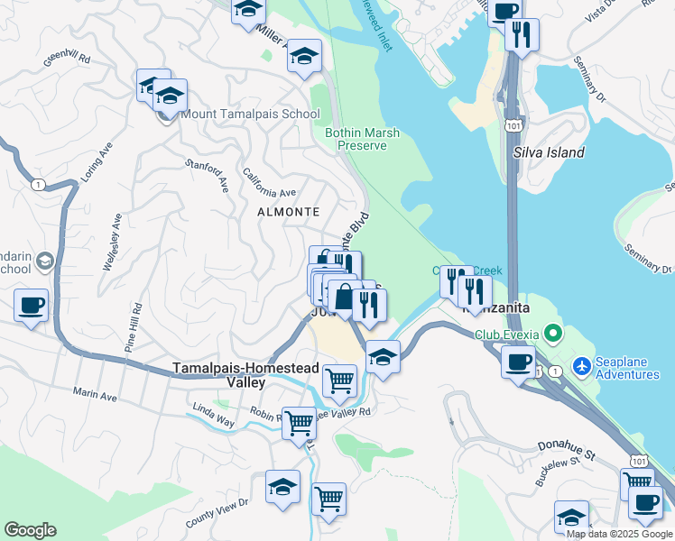 map of restaurants, bars, coffee shops, grocery stores, and more near in Tamalpais-Homestead Valley
