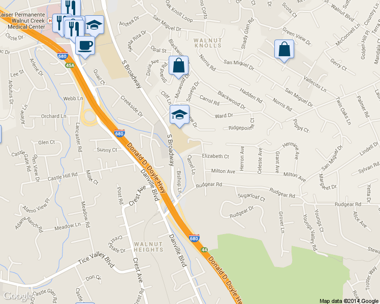 map of restaurants, bars, coffee shops, grocery stores, and more near 2066 Camel Lane in Walnut Creek