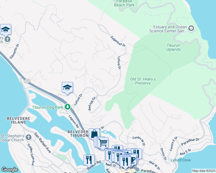 map of restaurants, bars, coffee shops, grocery stores, and more near 28 Marinero Circle in Tiburon