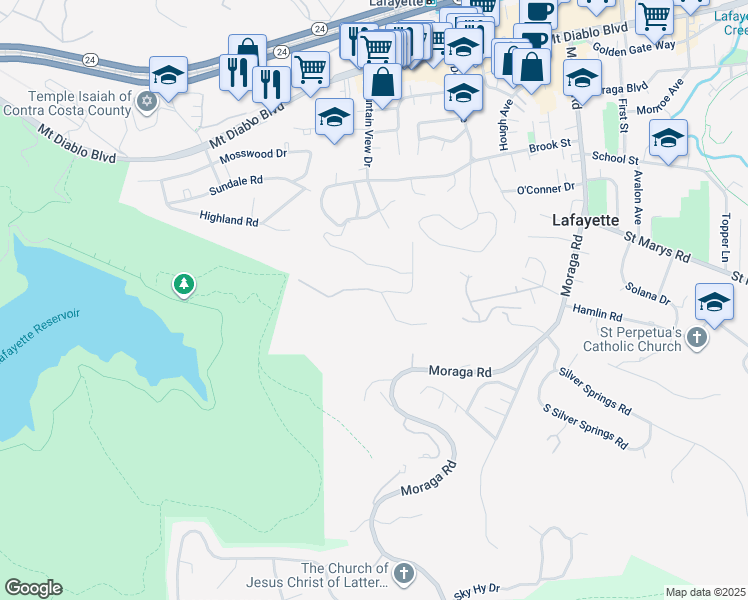 map of restaurants, bars, coffee shops, grocery stores, and more near 845 Mountain View Drive in Lafayette