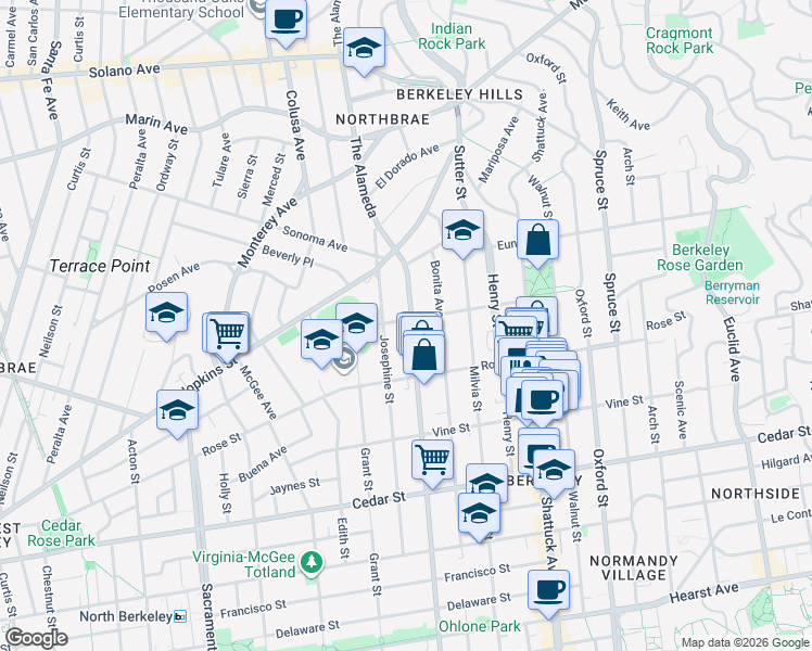 map of restaurants, bars, coffee shops, grocery stores, and more near 1300 Martin Luther King Junior Way in Berkeley