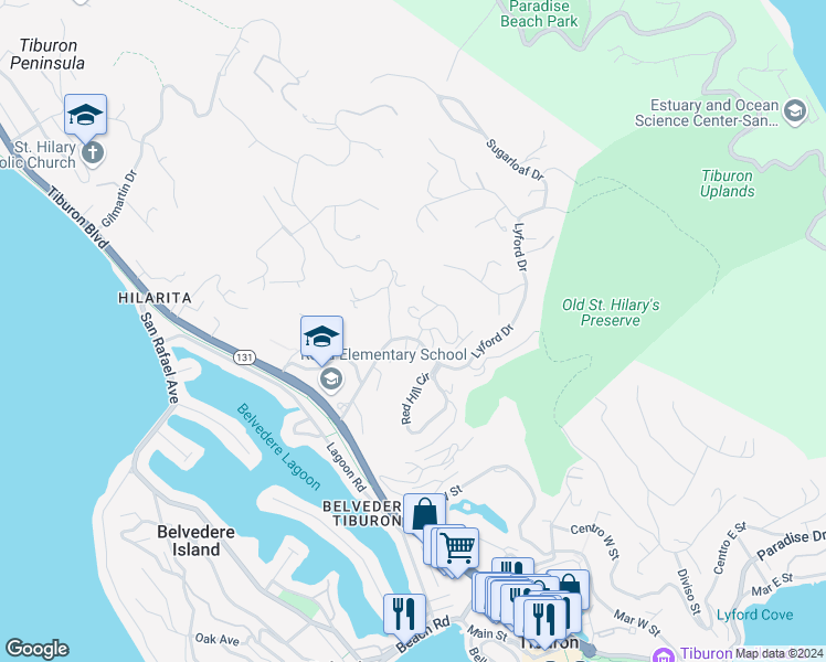 map of restaurants, bars, coffee shops, grocery stores, and more near 49 Lyford Drive in Belvedere Tiburon
