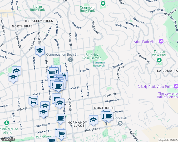 map of restaurants, bars, coffee shops, grocery stores, and more near 1410 Scenic Avenue in Berkeley