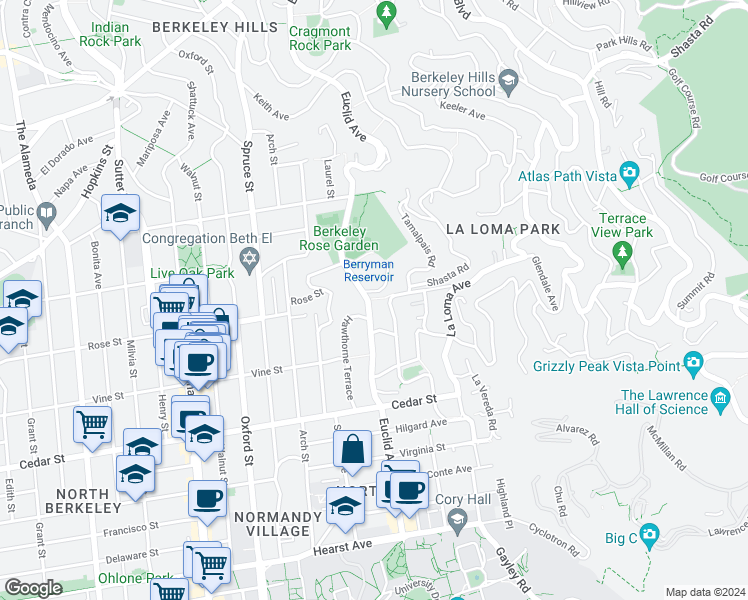 map of restaurants, bars, coffee shops, grocery stores, and more near 1400 Hawthorne Terrace in Berkeley