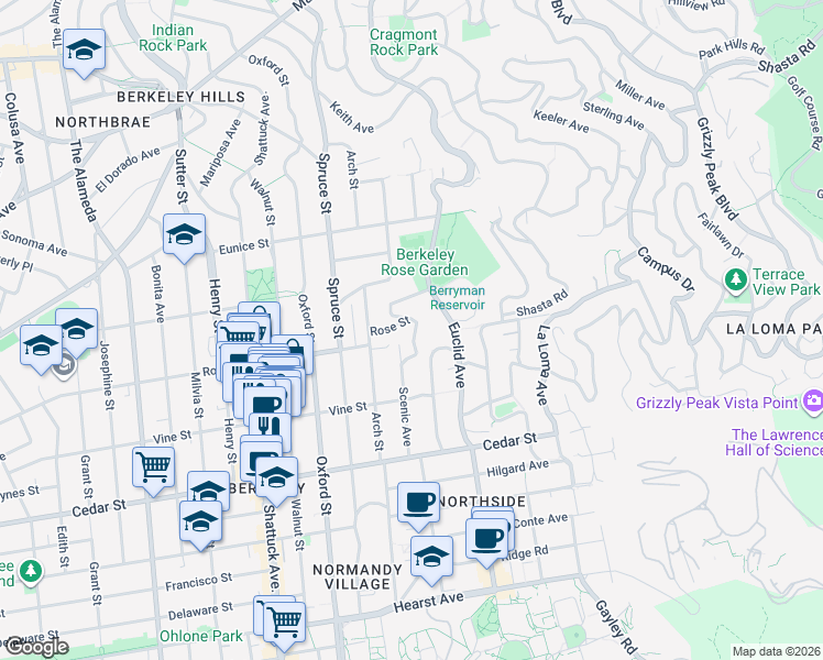 map of restaurants, bars, coffee shops, grocery stores, and more near 1410 Scenic Avenue in Berkeley