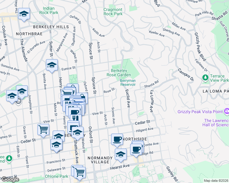 map of restaurants, bars, coffee shops, grocery stores, and more near 1410 Scenic Avenue in Berkeley