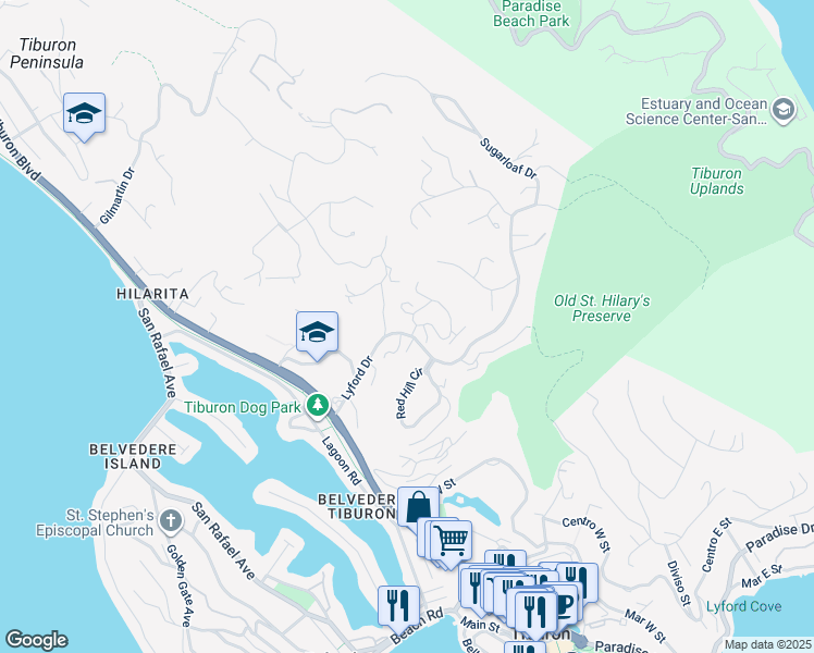 map of restaurants, bars, coffee shops, grocery stores, and more near 62 Lyford Drive in Tiburon