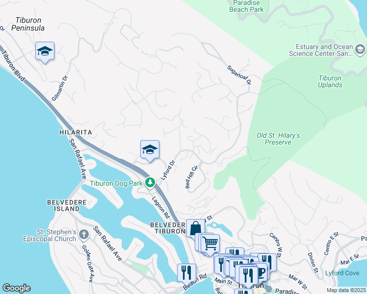 map of restaurants, bars, coffee shops, grocery stores, and more near 37 Lyford Drive in Tiburon