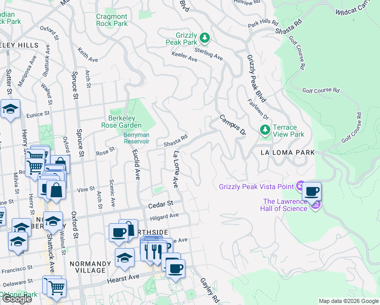 map of restaurants, bars, coffee shops, grocery stores, and more near 2893 Buena Vista Way in Berkeley