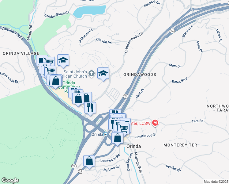 map of restaurants, bars, coffee shops, grocery stores, and more near 28 Quince Terrace in Orinda