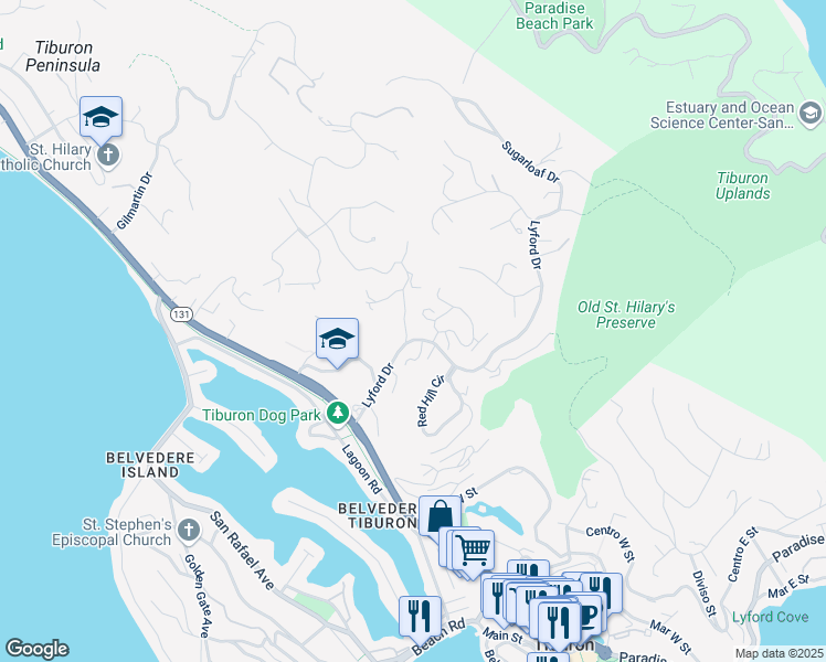map of restaurants, bars, coffee shops, grocery stores, and more near 47 Lyford Drive in Tiburon