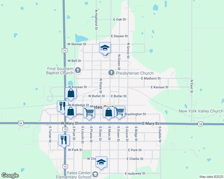 map of restaurants, bars, coffee shops, grocery stores, and more near 218 North Main Street in Yates Center