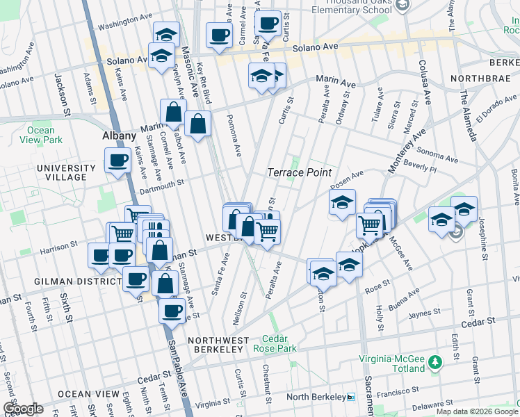 map of restaurants, bars, coffee shops, grocery stores, and more near 1197 Curtis Street in Albany