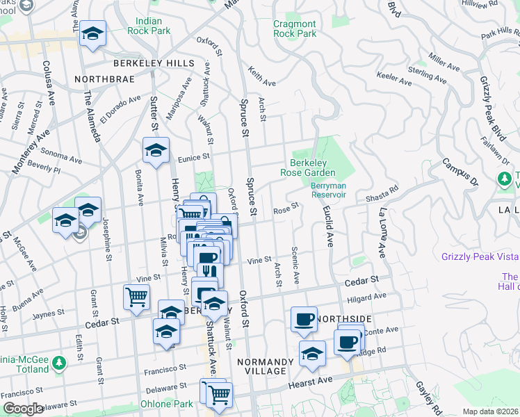 map of restaurants, bars, coffee shops, grocery stores, and more near 1321 Spruce Street in Berkeley
