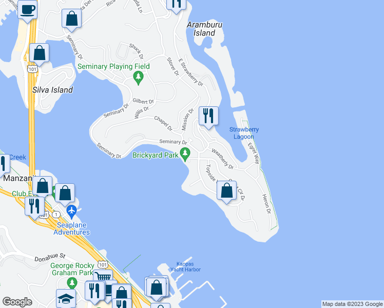 map of restaurants, bars, coffee shops, grocery stores, and more near 12 Great Circle Drive in Mill Valley