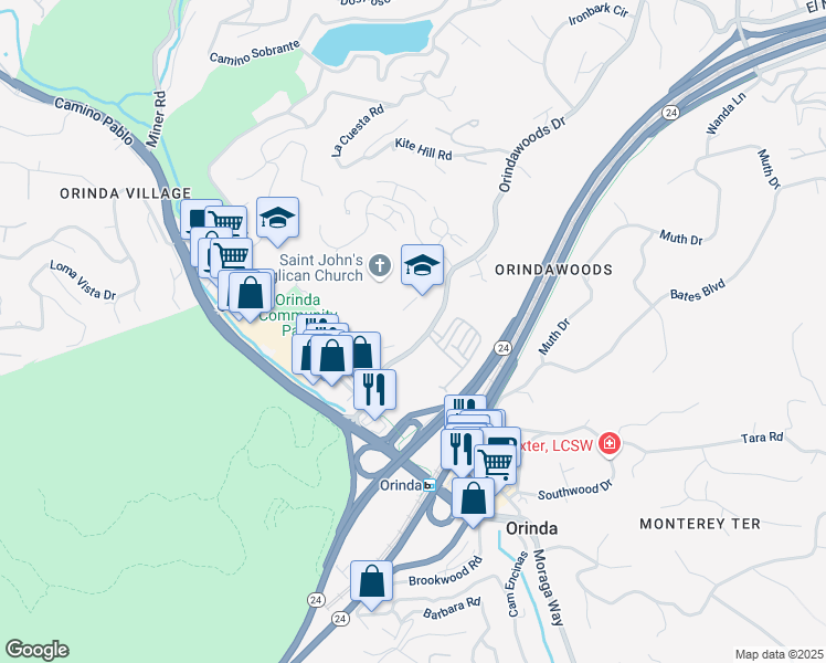 map of restaurants, bars, coffee shops, grocery stores, and more near 8 Altarinda Road in Orinda