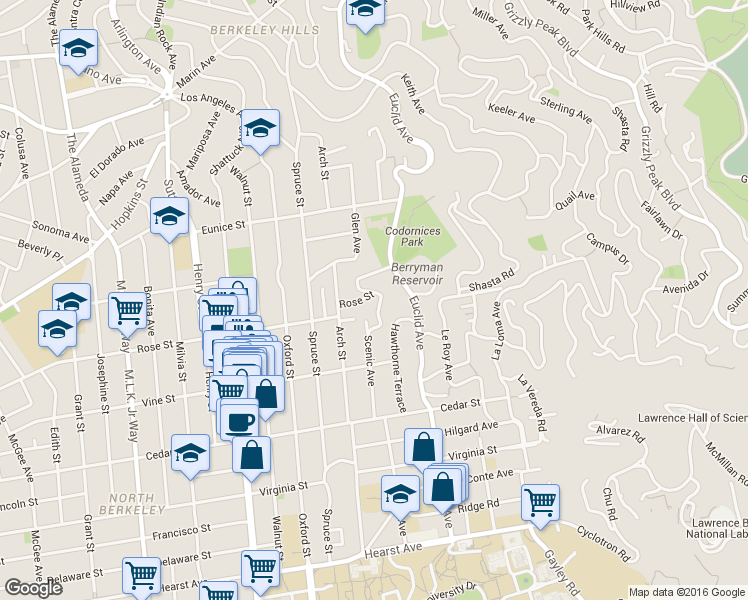 map of restaurants, bars, coffee shops, grocery stores, and more near 1410 Scenic Avenue in Berkeley