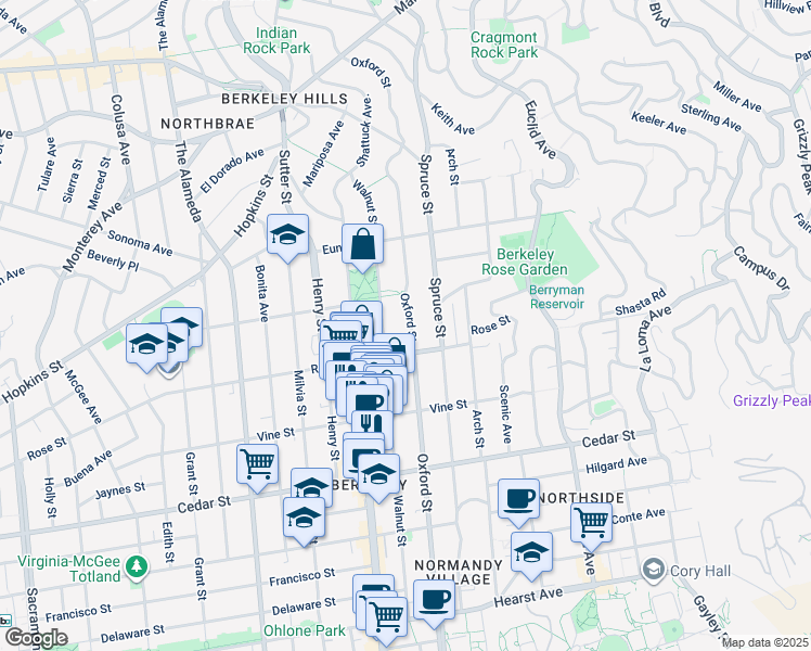 map of restaurants, bars, coffee shops, grocery stores, and more near 2137 Rose Street in Berkeley