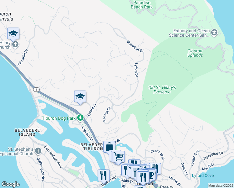 map of restaurants, bars, coffee shops, grocery stores, and more near 28 Marinero Circle in Tiburon